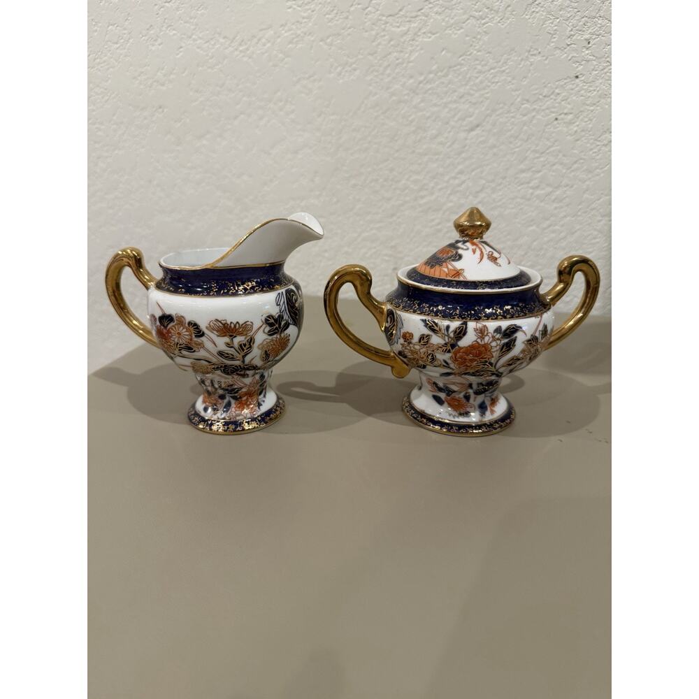 Vintage Imari Style Cream & Sugar Set Cobalt Blue Gold Japanese Porcelain